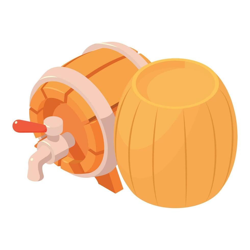 Drink production icon isometric vector. Beer barrel with tap near wine barrel vector