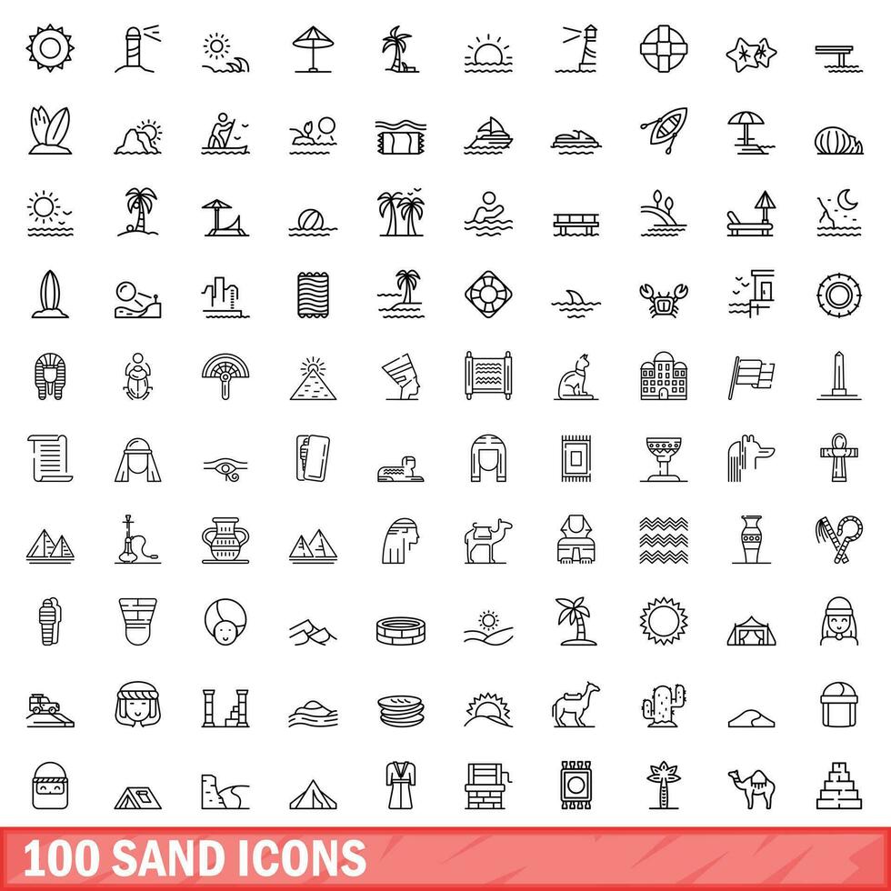 100 sand icons set, outline style vector