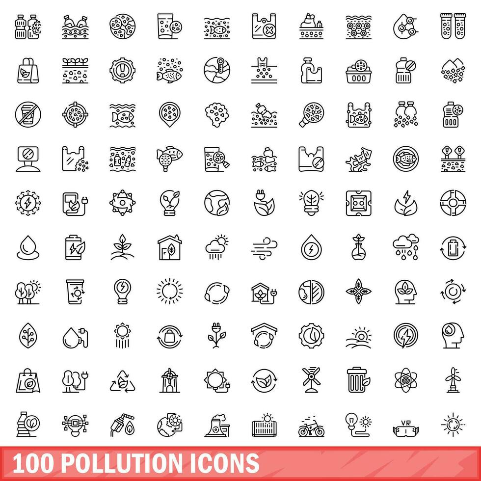 100 contaminación íconos colocar, contorno estilo vector