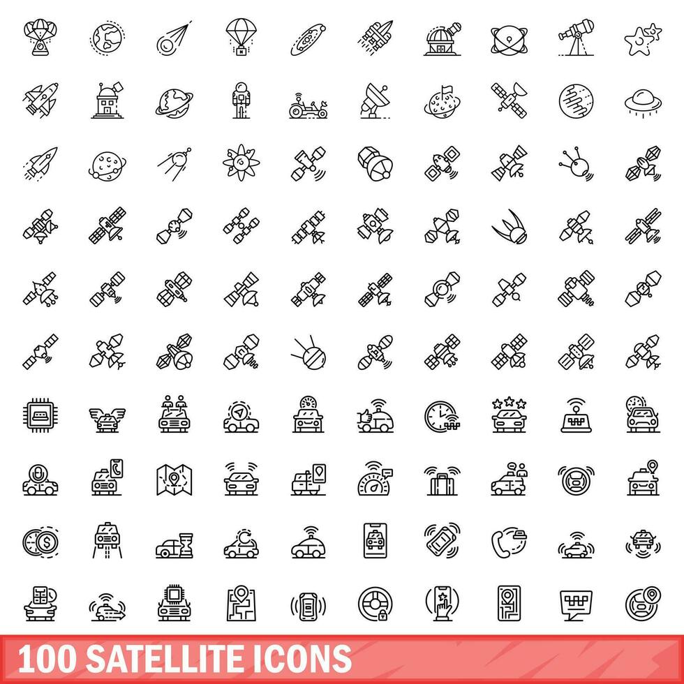 100 satellite icons set, outline style vector