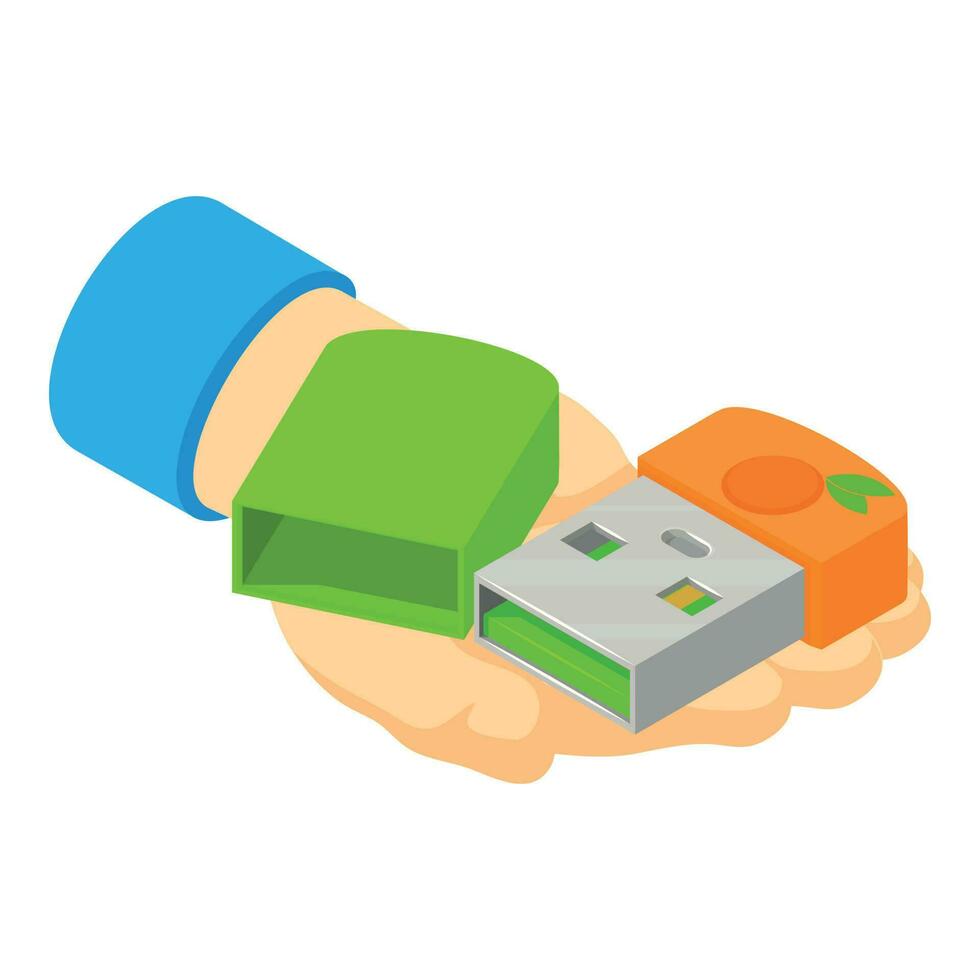 Modern device icon isometric vector. Bright portable flash drive in human hand vector