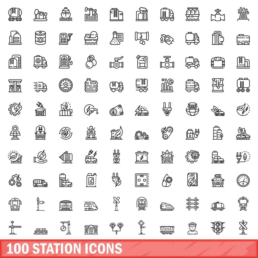 100 station icons set, outline style vector
