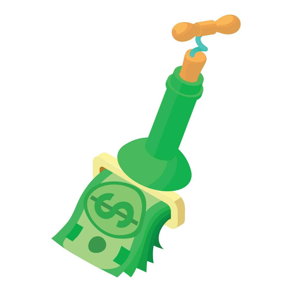 Selling wine icon isometric vector. Corkscrew open bottle and dollar banknote vector