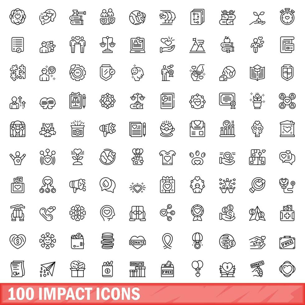 100 impact icons set, outline style vector