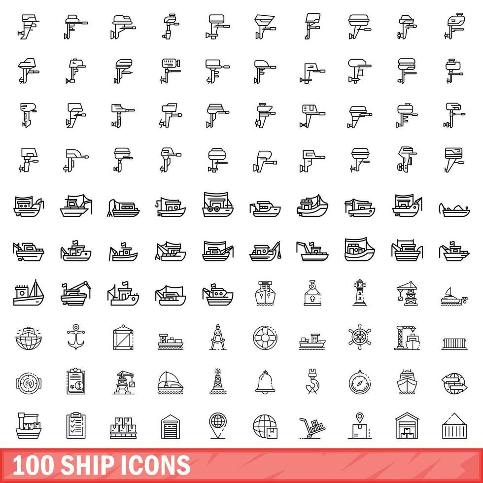 100 Embarcacion íconos colocar, contorno estilo vector