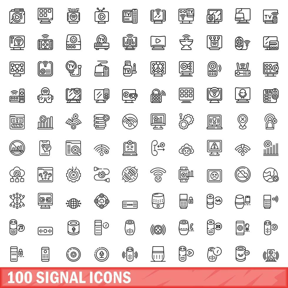 100 signal icons set, outline style vector