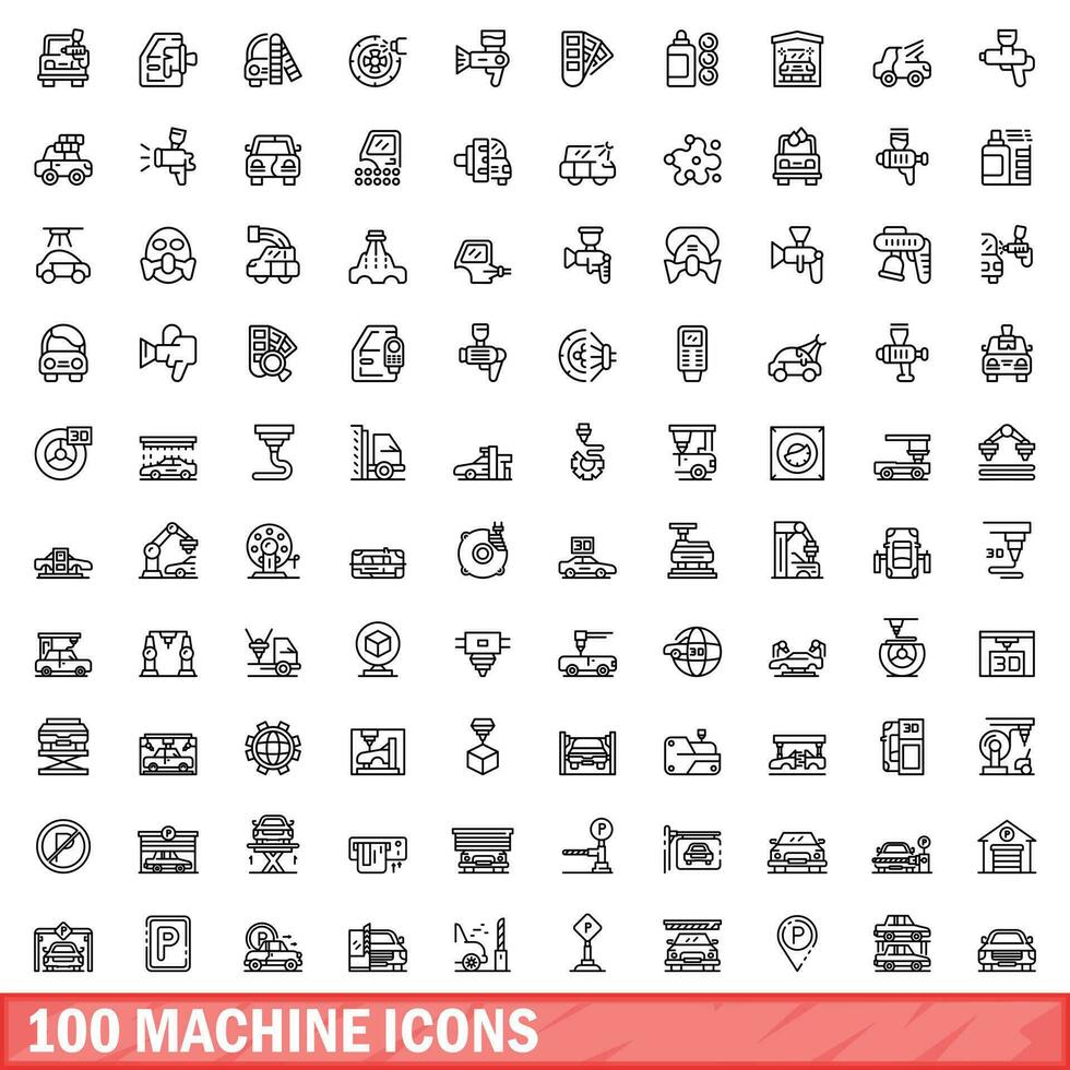 100 machine icons set, outline style vector