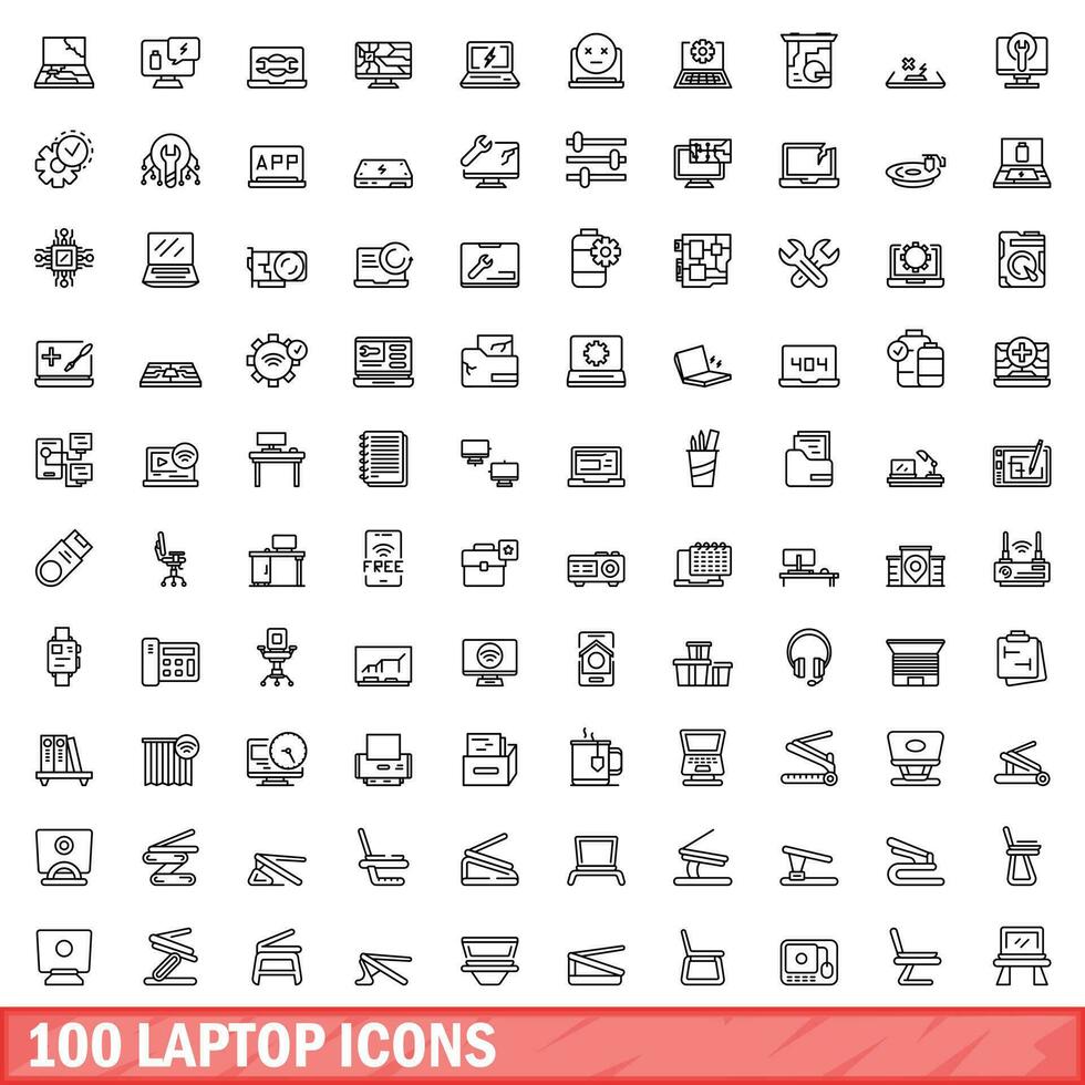 100 laptop icons set, outline style vector