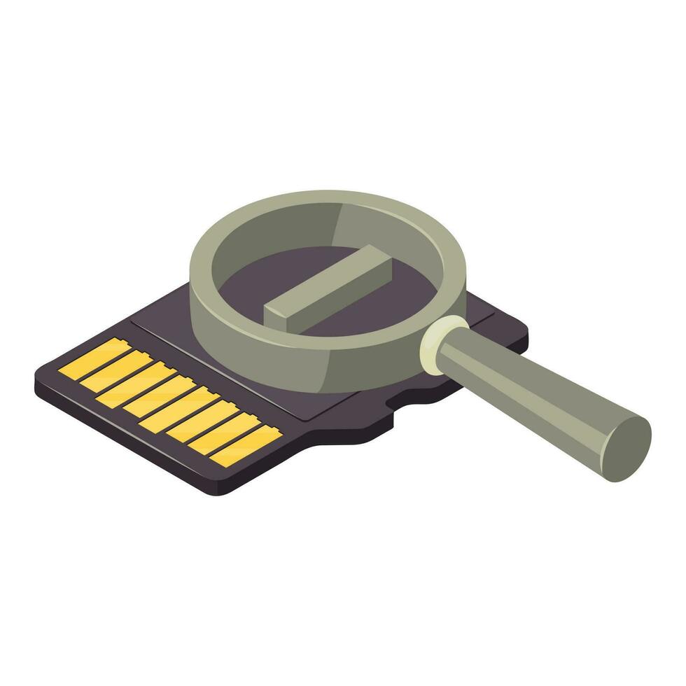 Memorycard icon isometric vector. Modern black memory card and magnifying glass vector