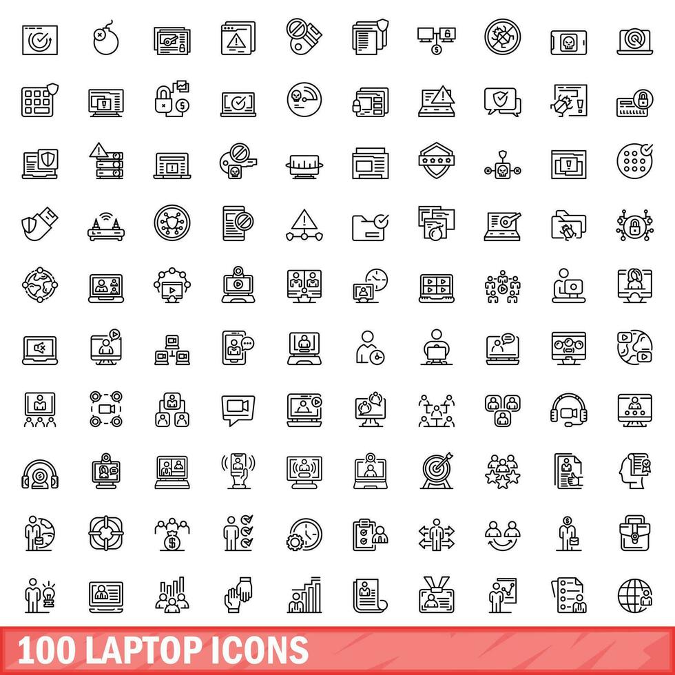 100 laptop icons set, outline style vector