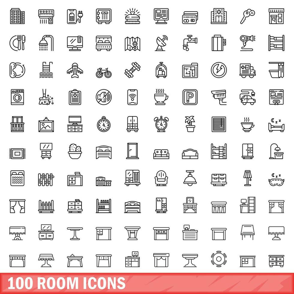 100 room icons set, outline style vector