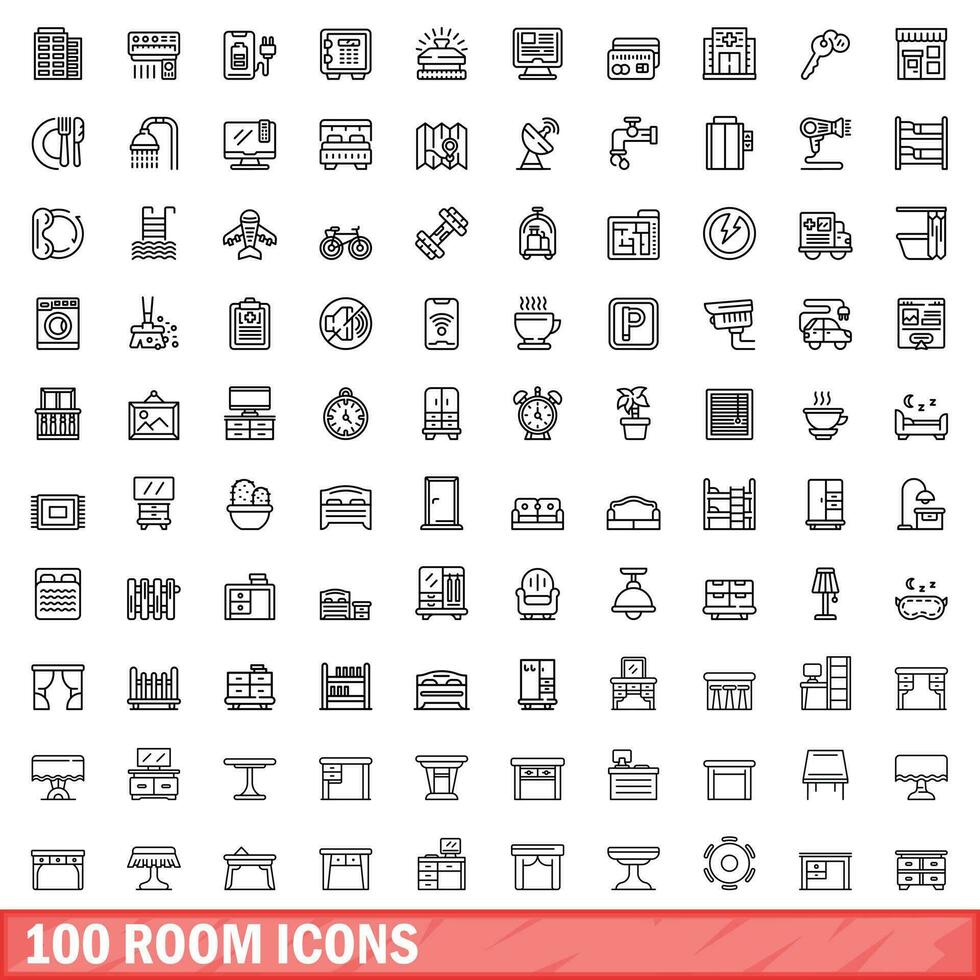 100 room icons set, outline style vector