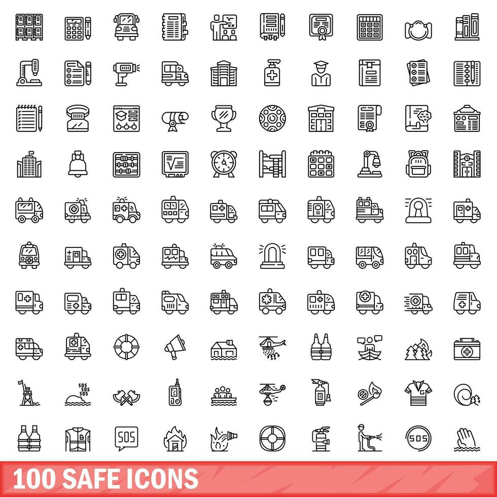 100 safe icons set, outline style vector