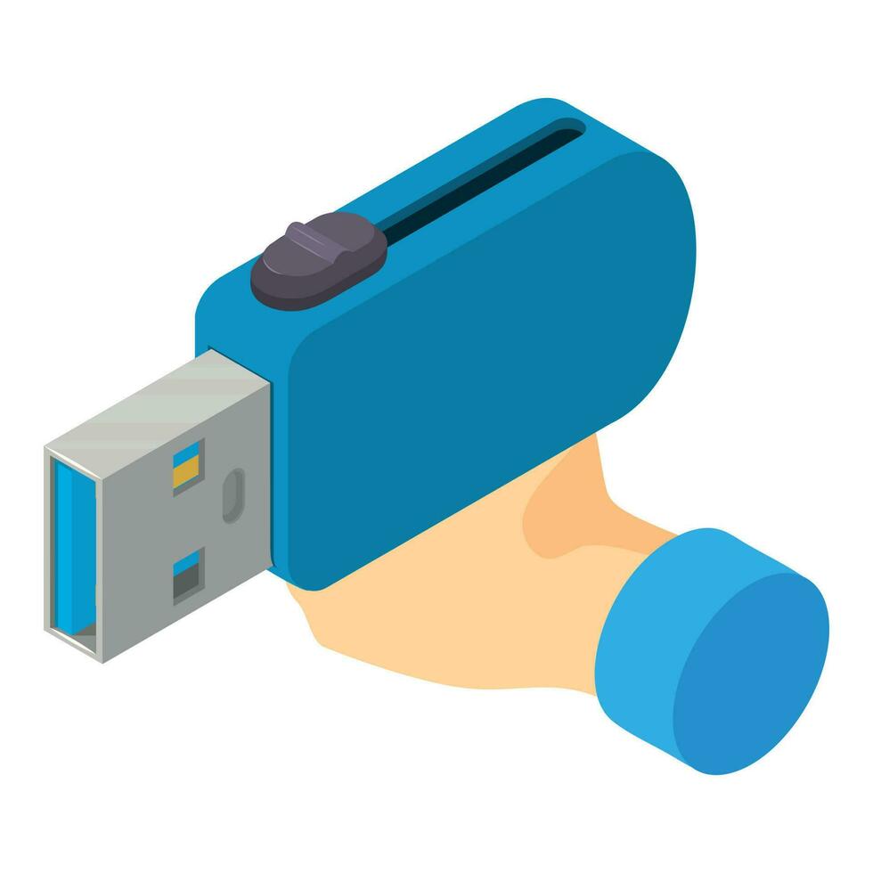 Usb stick icon isometric vector. Blue portable flash drive device in human hand vector