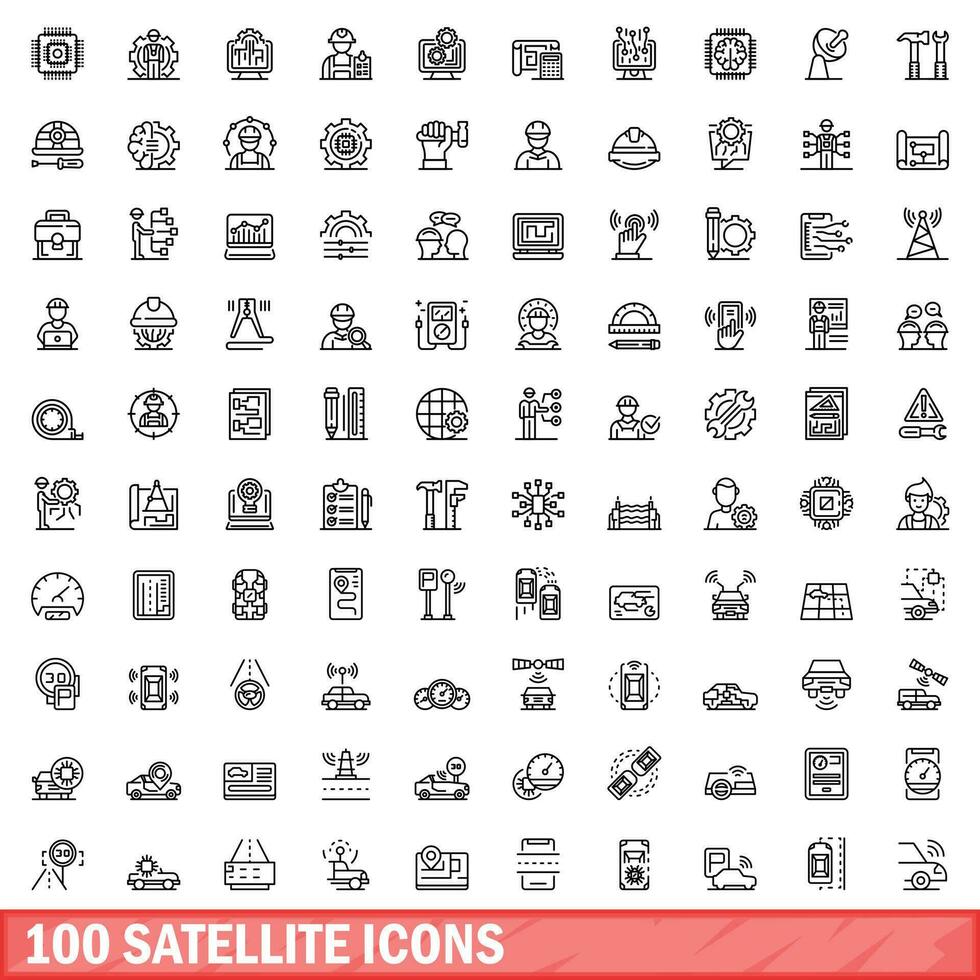 100 satellite icons set, outline style vector