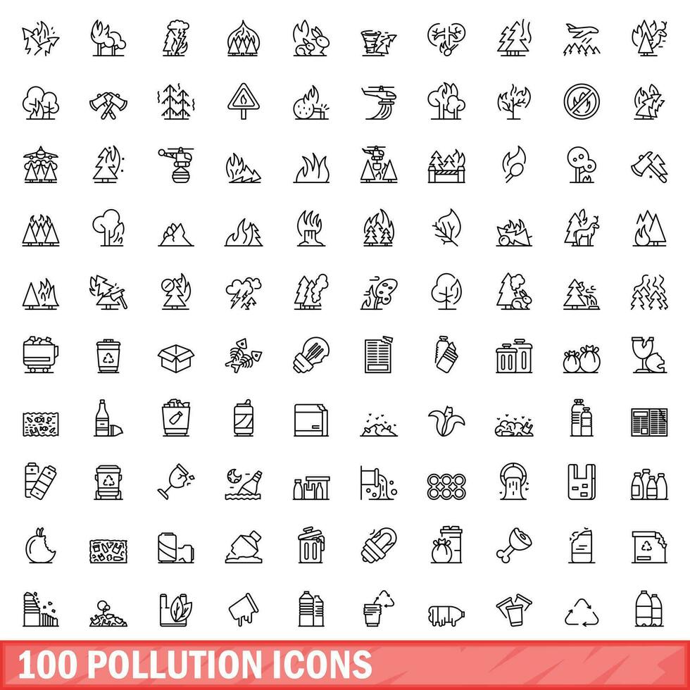 100 pollution icons set, outline style vector