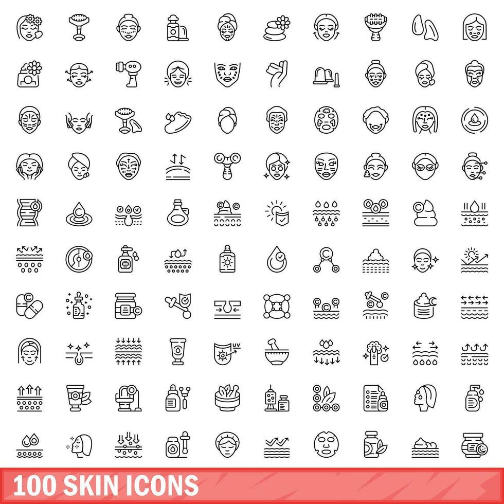 100 skin icons set, outline style vector