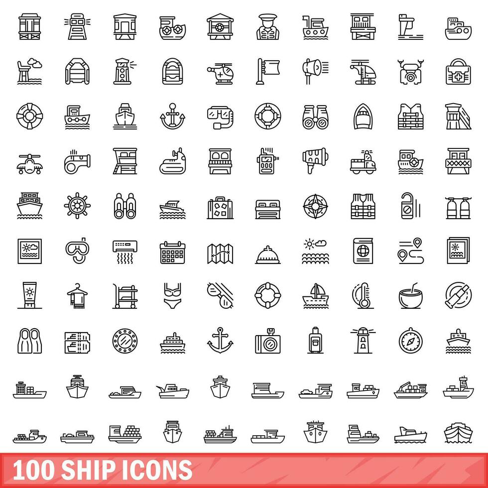 100 ship icons set, outline style vector