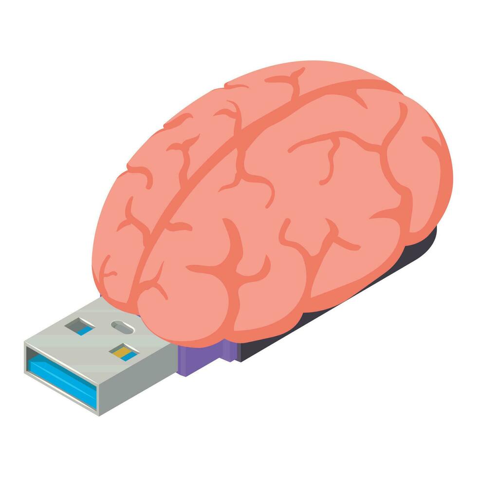 intelectual propiedad icono isométrica vector. realista humano cerebro en USB palo vector