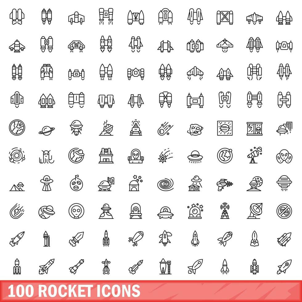 100 rocket icons set, outline style vector