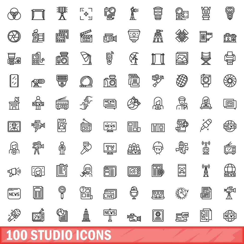 100 studio icons set, outline style vector