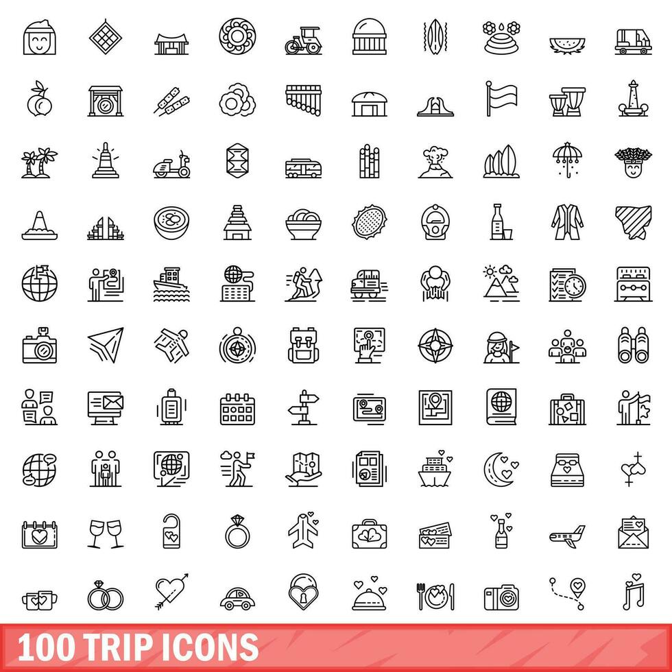 100 iconos de viaje, estilo de esquema vector