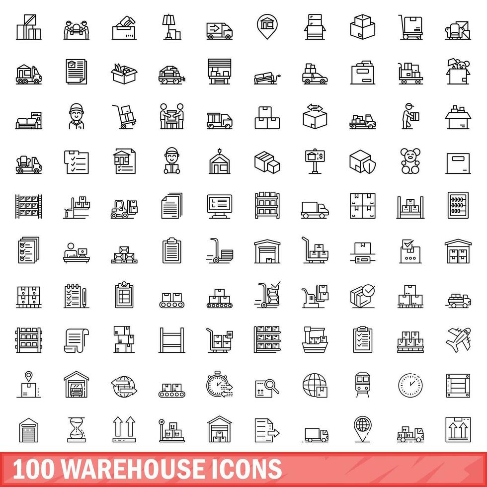 100 warehouse icons set, outline style vector