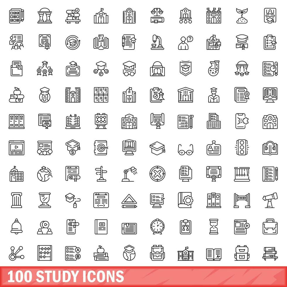 100 conjunto de iconos de estudio, estilo de contorno vector