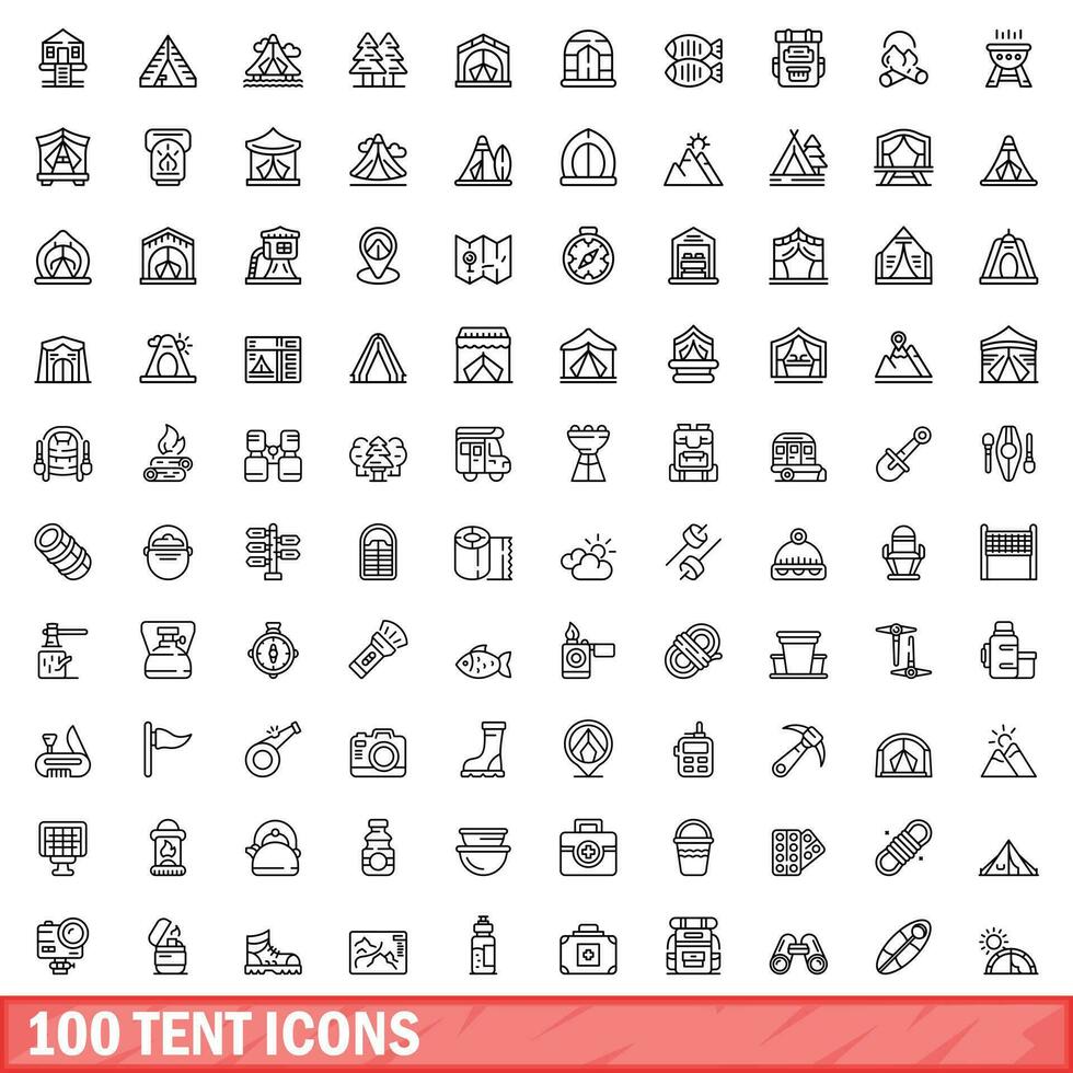 100 tent icons set, outline style vector