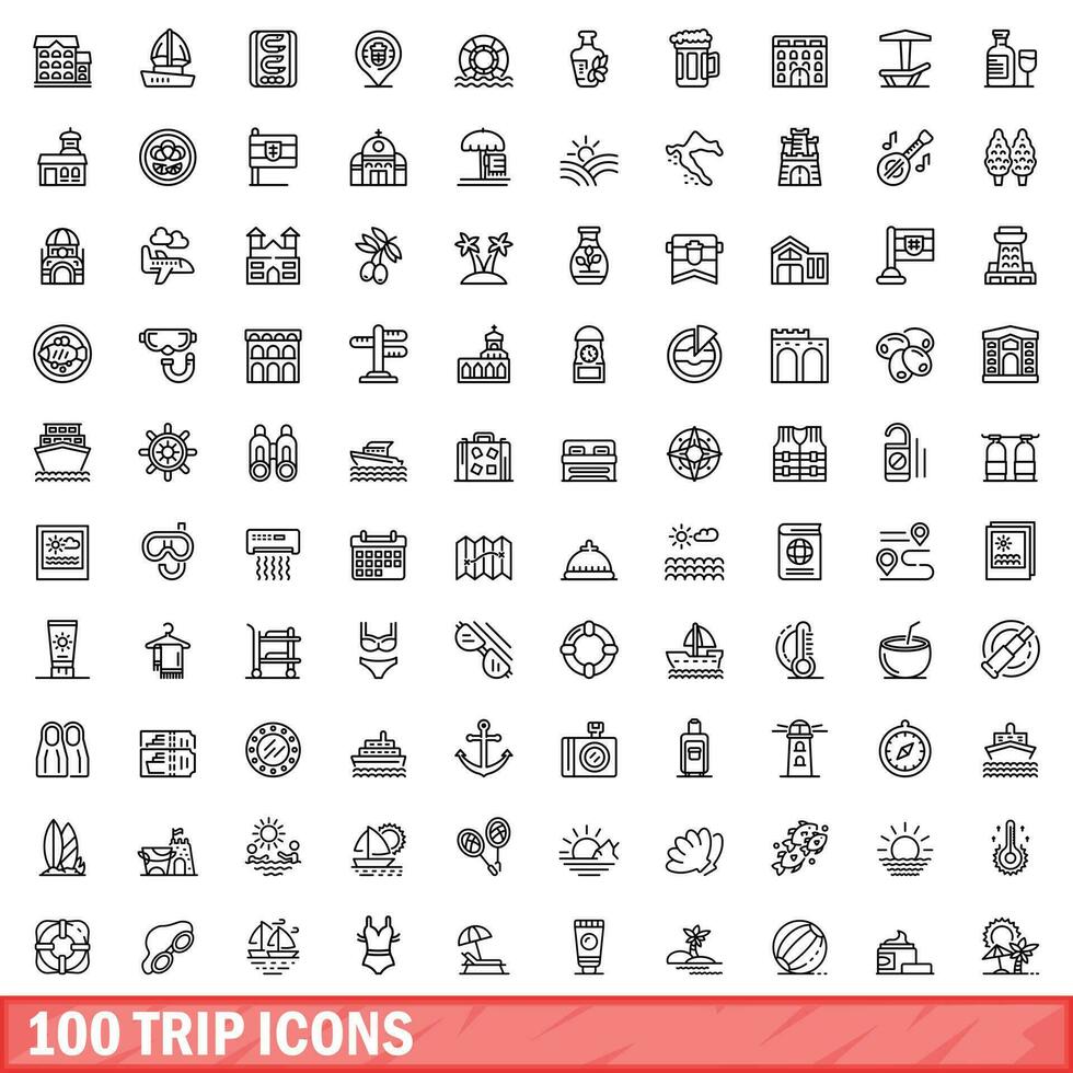 100 trip icons set, outline style vector