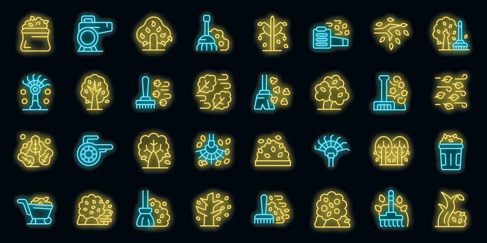 Cleaning autumn foliage icons set vector neon