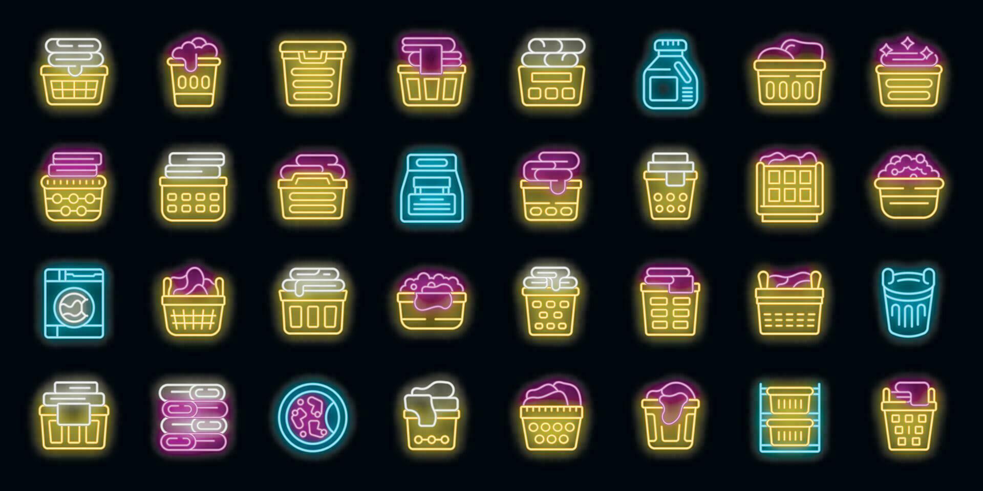 Laundry basket icons set vector neon