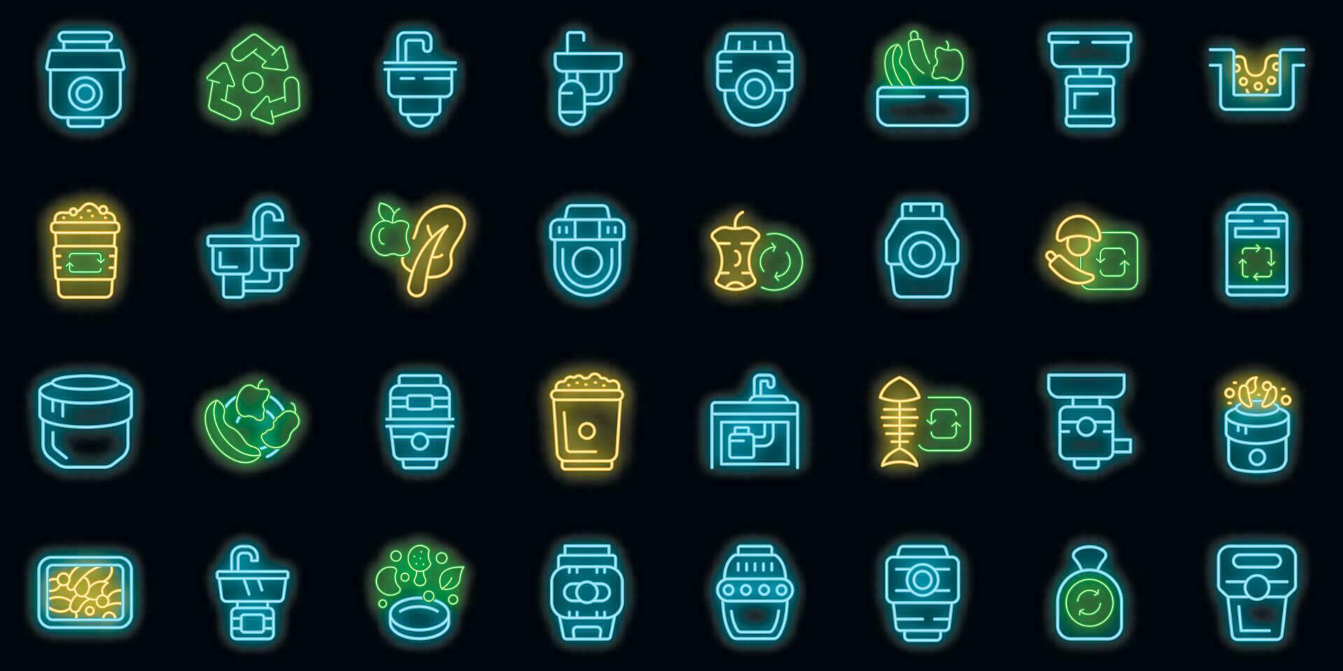 Food Waste Disposer icons set vector neon