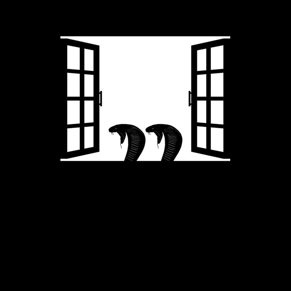 Head of the King Cobra Snake on the Windows Silhouette. Creepy, Horror, Scary, Mystery, or Crime Illustration. Art Illustration for Horror Movie or Halloween Poster Design Element vector