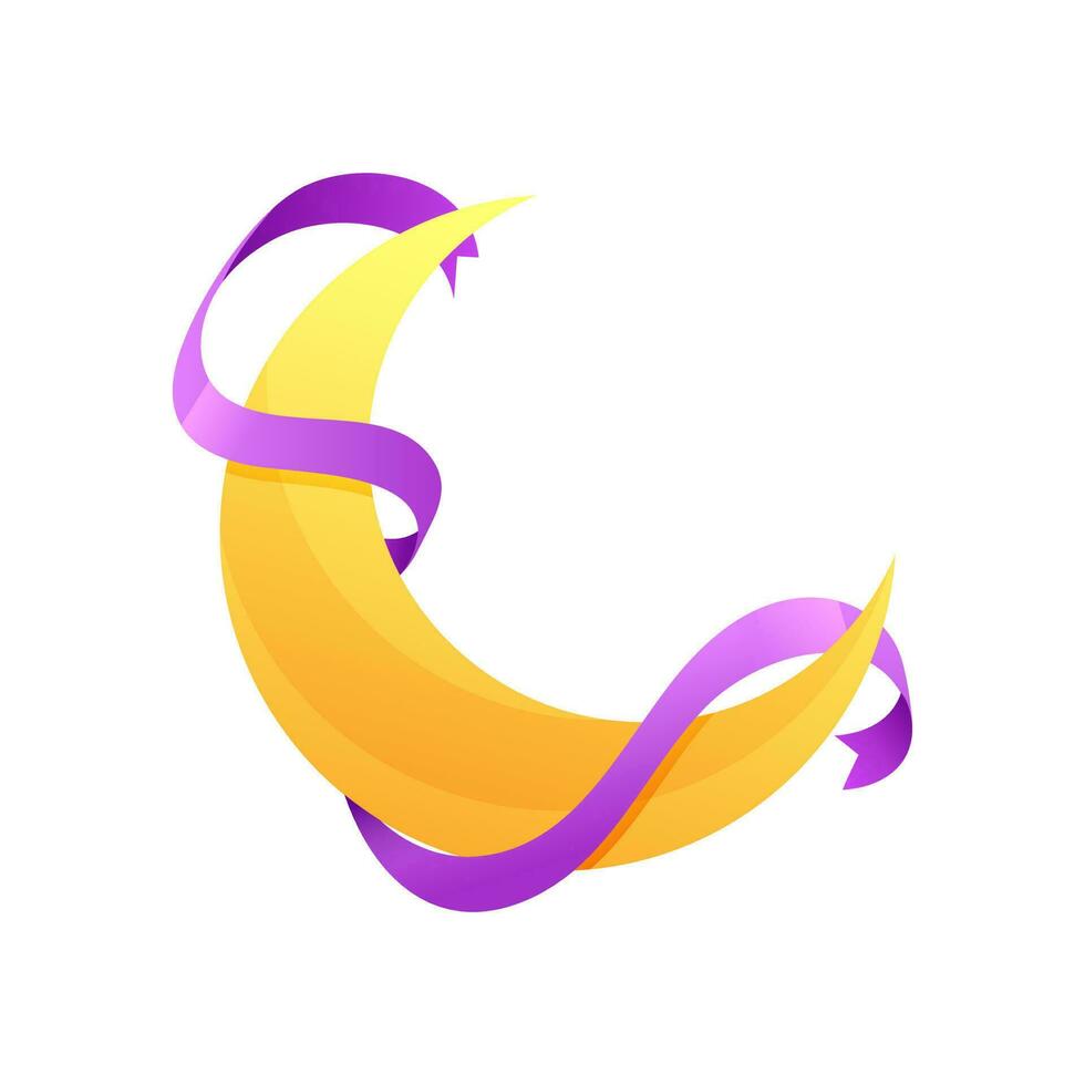Yellow crescent moon decorated with purple ribbon. vector
