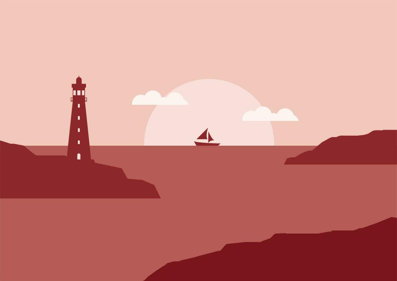 view of the lighthouse on the seashore with sunset or sunrise flat design vector illustration