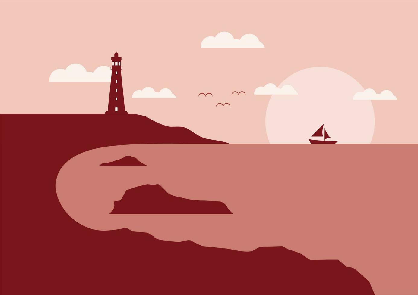 view of the lighthouse on the seashore with sunset or sunrise flat design vector illustration