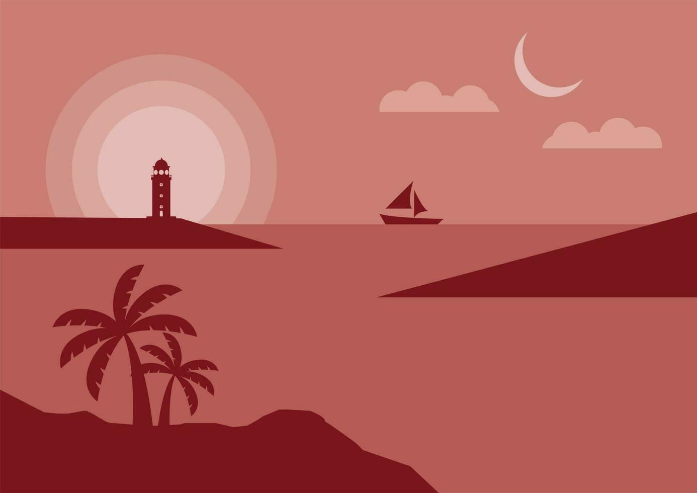 view of the lighthouse on the seashore at night flat design vector illustration