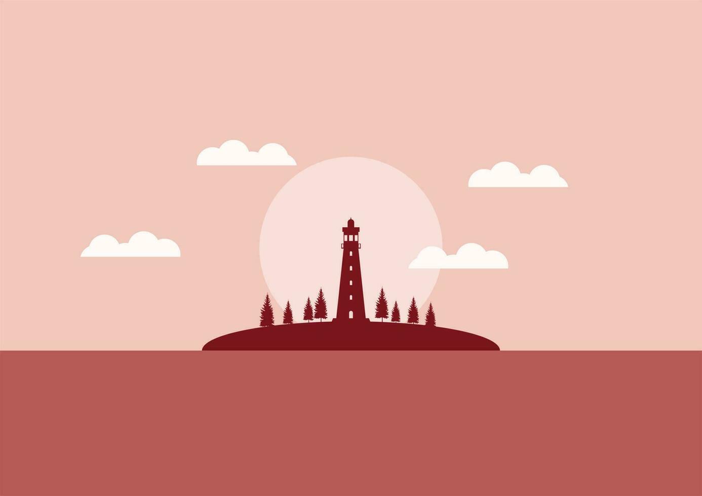 view of the lighthouse on the seashore with sunset or sunrise flat design vector illustration