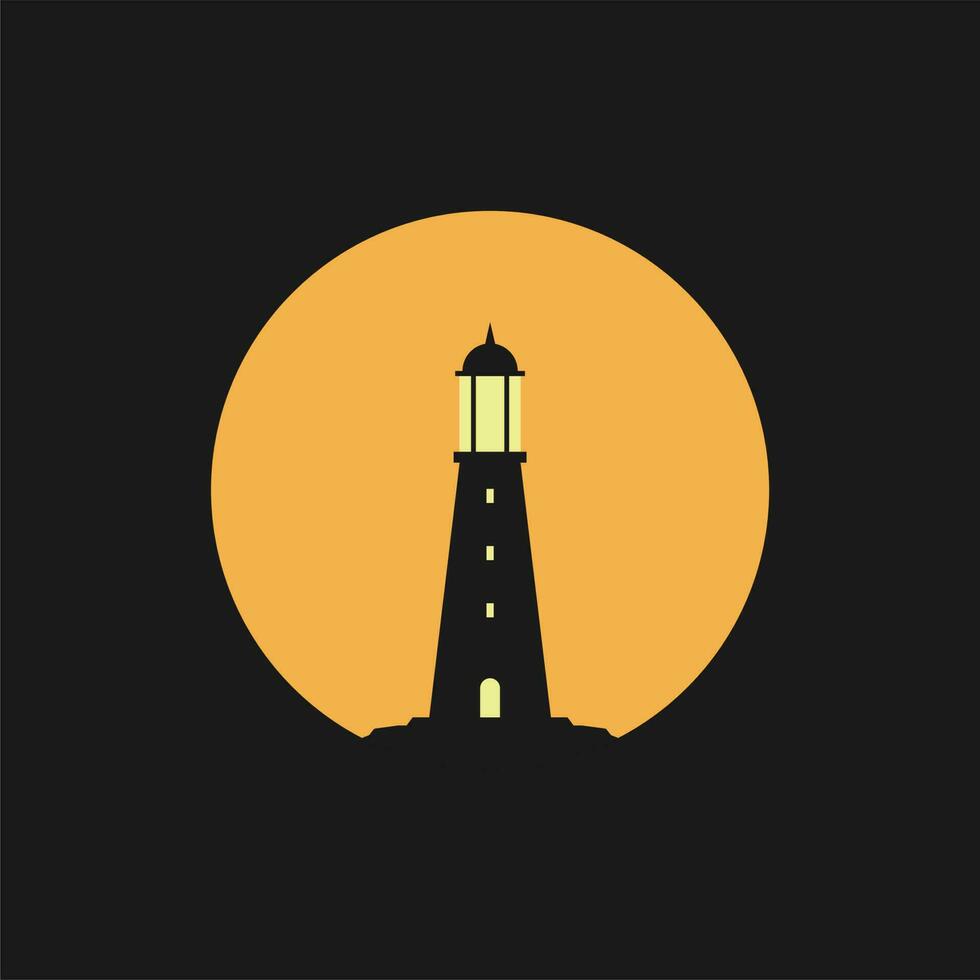 faro en el borde de un acantilado con amanecer o puesta de sol plano diseño vector ilustración