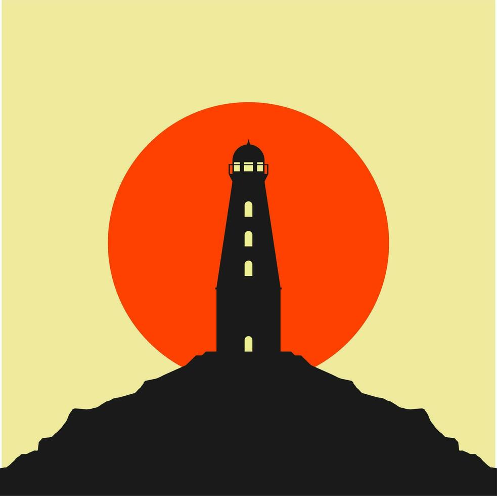 lighthouse on the edge of a cliff with sunrise or sunset flat design vector illustration