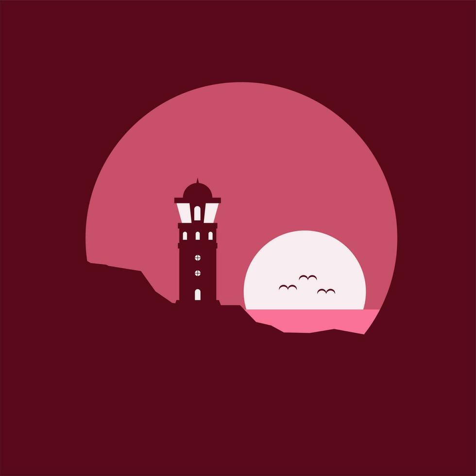 faro en el borde de un acantilado con amanecer o puesta de sol plano diseño vector ilustración