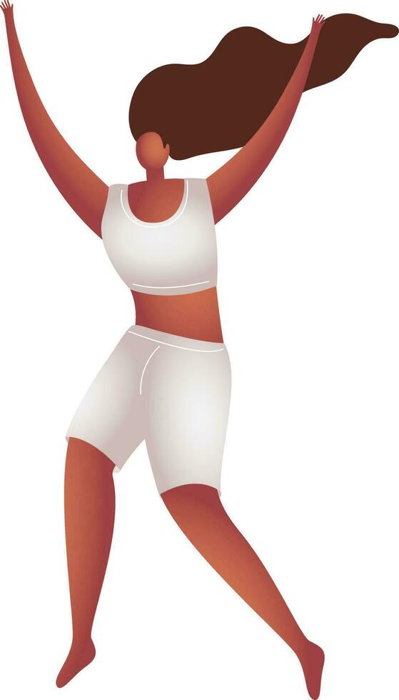 Faceless woman character raised hands in dancing pose. vector