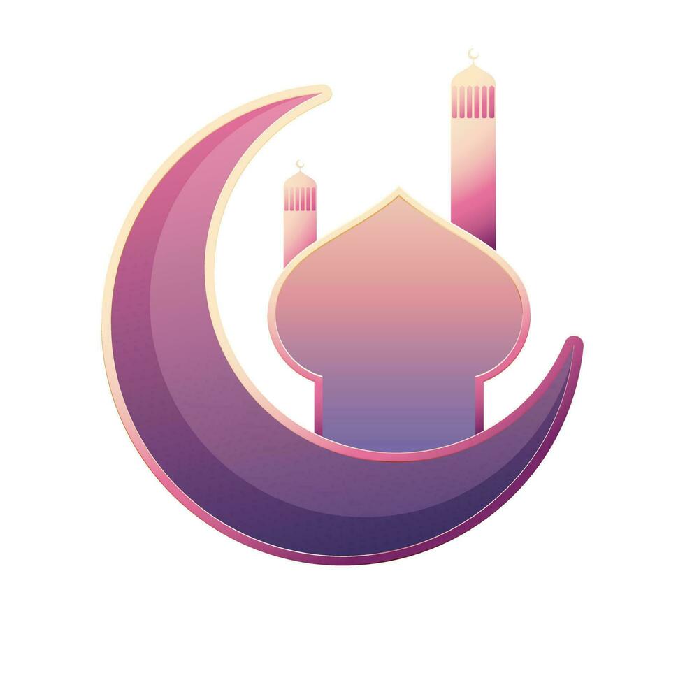 Silhouette of crescent moon with mosque in purple color. vector