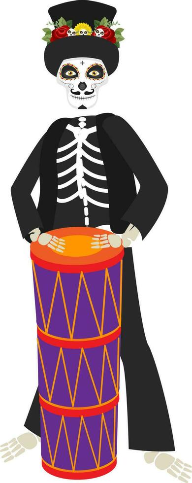 Illustration of skeleton man holding conga drum in standing pose. vector