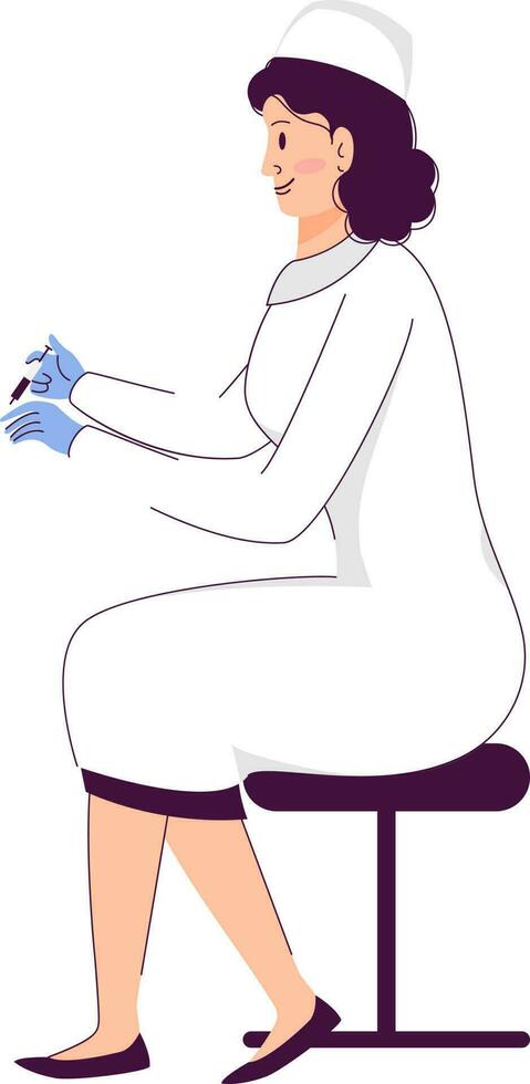 Side view of nurse woman holding syringe sitting on stool. vector