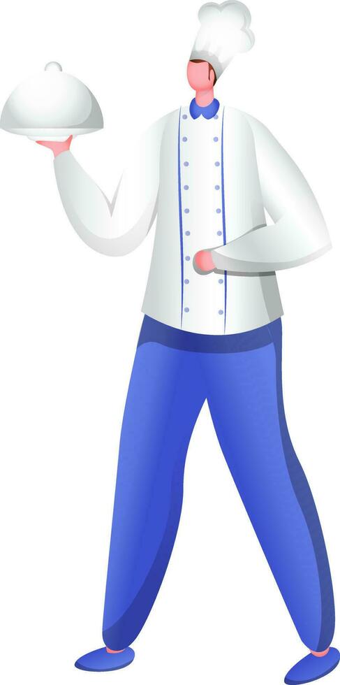 Faceless chef man holding cloche on white background. vector