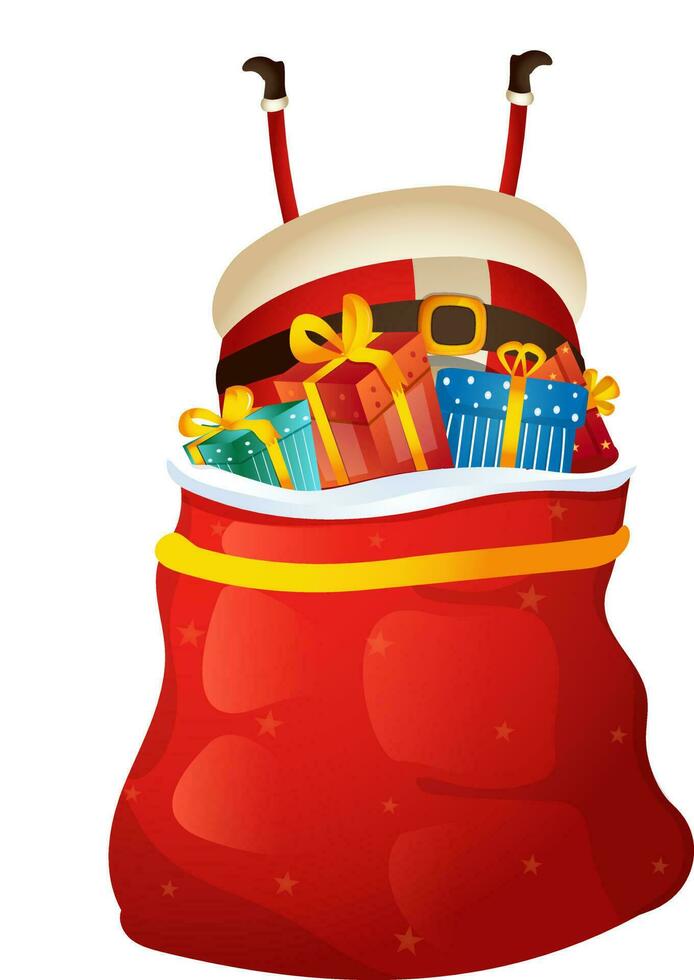 Santa stuck in sack with gift boxes. vector