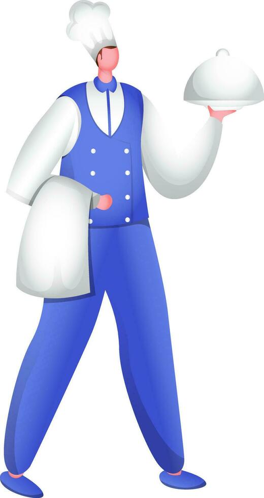 Faceless waiter man holding cloche and towel on white background. vector