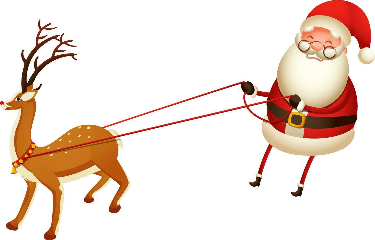 Character of santa pulling rope of reindeer. vector